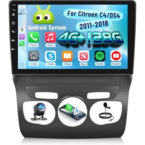 NHOPEEW 4+128G Android Car Radio for Citroen C4/DS4 2012-2018 with Wireless Carplay and Android Auto – 10 Inch Screen Supports WiFi GPS Steering Wheel Controls + Rear View Camera, Canbus