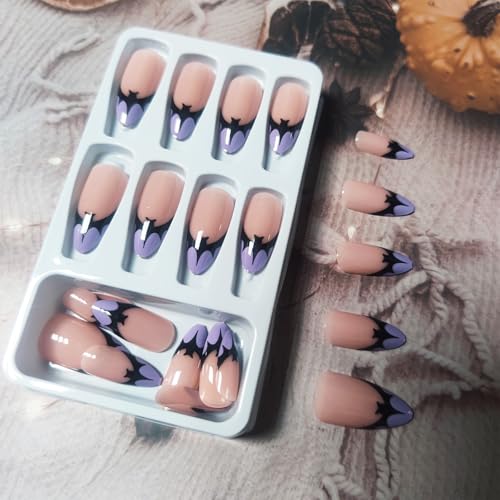Halloween Bat Press on Nails for DIY Manicure Glossy Purple French Tips 24Pcs Acrylic Medium Almond False Nails Gel Glue on Nails Evil Bats Fake Nails Stick on Nails for Women Girls French Tips Design - Image 9
