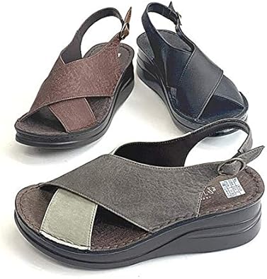 Amazon 日本製 本革 サンダル レディース ウェッジヒール 厚底 幅広 4e ストラップ クロス レザー コンフォートサンダル レディースサンダル 白 黒 ブラック ブラウン ノーブランド品 ファッションサンダル