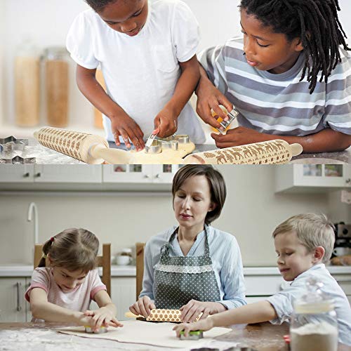 17" Christmas Wooden Rolling Pins, Embossing Thin Crust Rolling Pin with Christmas Tree Deer Pattern for Baking Kitchen Tool (snowflake)