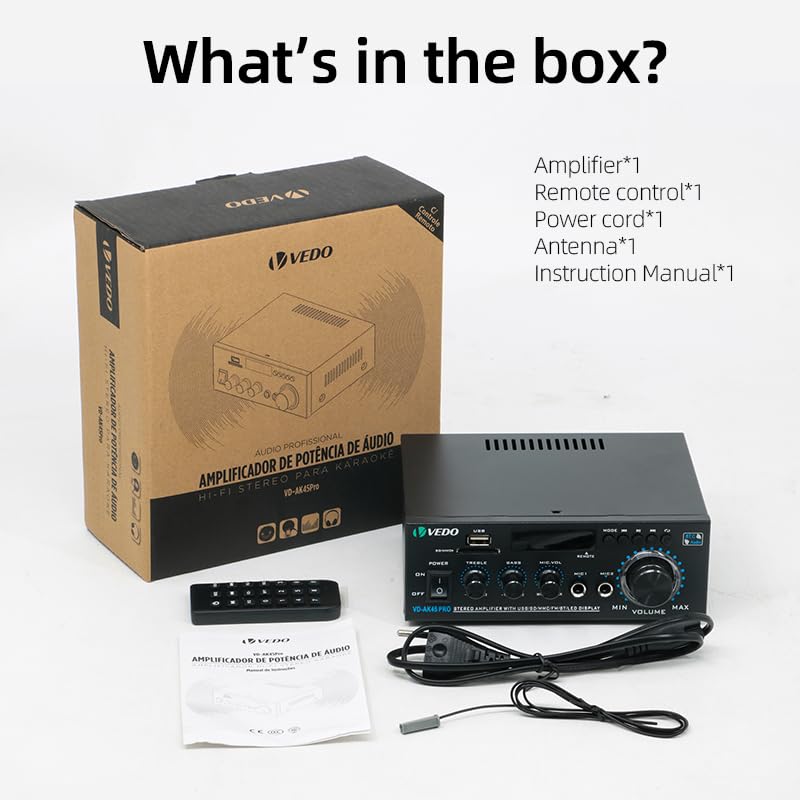 Amplificador de áudio estéreo profissional AK45 Pro, sistema de amplificação de potência sem fios Bluetooth 5.0 de dois canais de 300 W, adequado para uso doméstico, rádio FM, USB e controlo remoto