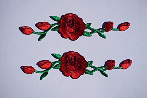 [1 Pair] Simple Valley Custom and Unique (1 1/8" by 4 3/4" Inches) Blooming Roses on Vine Iron On Embroidered Applique Patch (Red and Green)