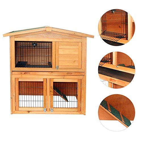 Olymstore 40'' Wooden Rabbit Hutch Chicken Coop House with Tray Ladder, Triangle Roof Waterproof Wood Pet Cage for Small Animals - Thumbnail 3