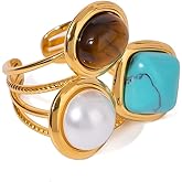 Geometric Turquoise Tiger Eye Pearl Statement Adjustable Open Ring for Women Bohemian Style Fashion Gold-Tone Plated Stacking Finger Rings Stainless Steel Fashion Wedding Cocktail Party Y2K Jewelry