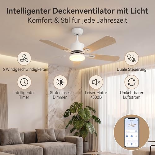 YuYe Ceiling Fan with Lighting, 3 Color Temperatures and 6 Speed, LED Ceiling Fan with Lamp, App Control/Remote Control, Timer (White, 108CM)