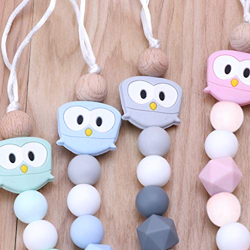 Forgun Owl Silicone Teething Pacifier Clips with Safe Wooden Beads Pacifier Chain Holder for Nipples Baby Chew Toys