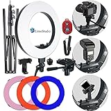 LimoStudio LED Ring Light 18-inch Diameter with Tripod Stand, Angle Adjusting Camera Holding Plate, Cell Phone Holding Clip, Color Filter Fabric Cover, Facial Beauty Photo Shooting, AGG1451V2