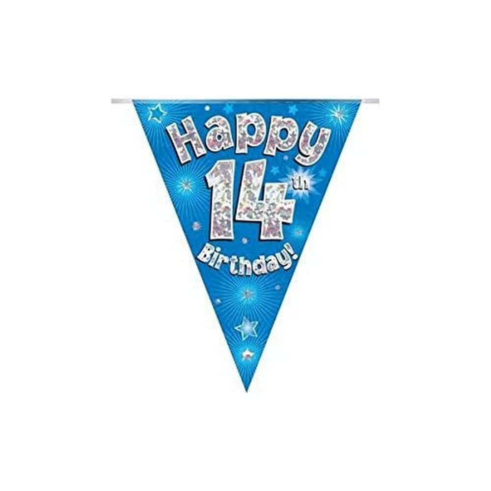 Party Bunting Happy 14th Birthday Blue Holographic 11 flags 3.9m