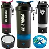 BeMo Motivational Protein Shaker Bottle, Large 28-Ounce Shaker Cup with Protein Powder Storage Compartments, 100% Leak Proof, Motivational Logos, BPA Free (Pink, BE Fierce)