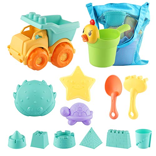 MINGPINHUIUS Toddlers Beach Toys Kids Beach Sand Toy Set with Dump Truck Duck Bucket and Mesh Bag Soft Plastic Material (13 pcs) - Thumbnail 7