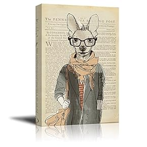 Creative Animal Figure on Vintage Paper Canvas Wall Art - A Kangroo Wearing Glasses - Giclee Print Gallery Wrap Modern Home Art Ready to Hang - 12x18 inches