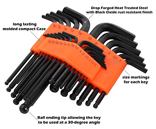 Drixet Orange SAE-Inch/Metric/mm Ball Point Hex Socket Driver Allen Key Combo Set. (25-Piece)