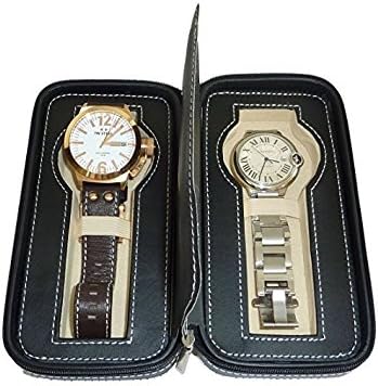 Two 2 Piece Zippered Watch Travel Case Black Interior Storage Organizer Watch Collection Travel Bag-black