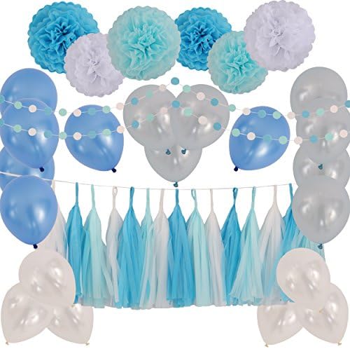 LyButty Party Decorations Pack - Tissue Paper Flower Pom Poms Tissue Tassel Garland Polka Dot Garland and Party Balloons for Party Decorations Birthday Baby shower Festival Wedding(Blue,83 Pieces)