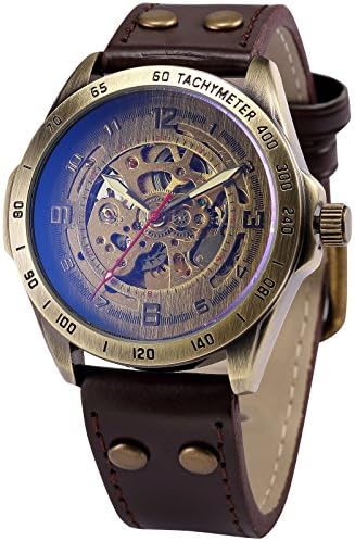 EASTPOLE Vintage Bronze Case Automatic Mechanical Skeleton Leather Band Mens Sport Wrist Watch Gift Box