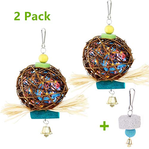 Kassbest Bird Parrot Chewing Toys,Natural Rattan Ball Shredder Toy Cage Foraging Shredder Toy and Bird Beak Grinding Stone Lava Block Calcium Supplement for Budgie Lovebirds Conures Parakeet 2 Pack