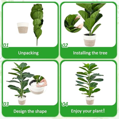 ORCHID M®Artificial Fiddle Leaf Fig Trees, Tropical Theme Artificial Ficus Lyrata Fake Potted Plant with Cotton Rope Baskets for Home Office Bedroom Decoration Gifts(82cm)