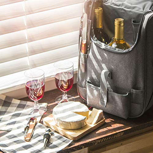 Insulated Travel Wine Tote Bag: Portable 2 Bottle Wine and Cheese Waterproof Black Canvas Carrier Bag Set with Picnic Backpack Kit (Heather Grey)