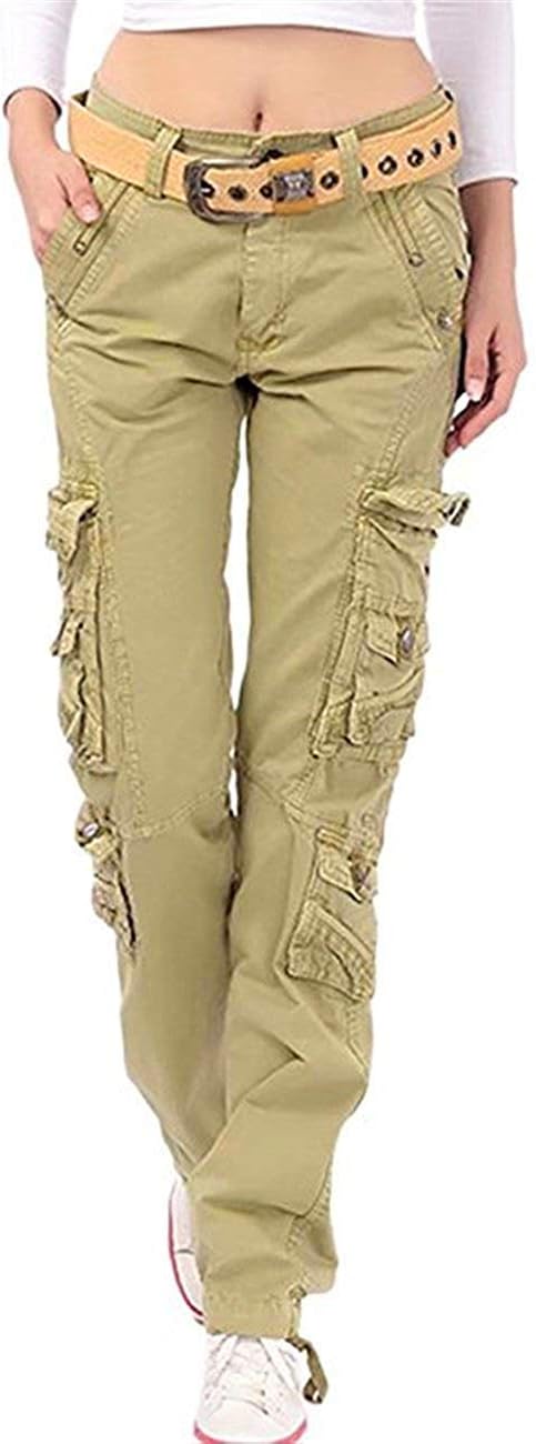 Women's Travel Utility Casual Military Cargo Work Pants with Pocket, Khaki, Tag 34 = US (8-10)