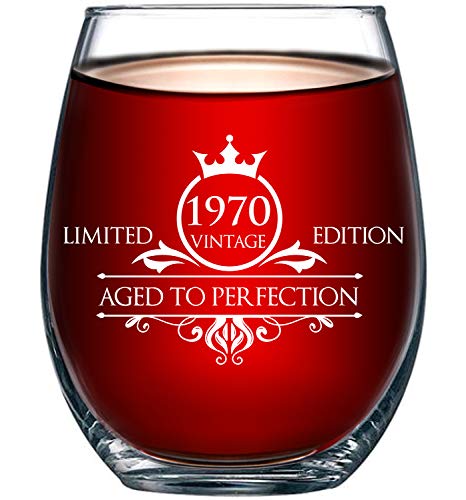 1970 50th Birthday Gifts for Women and Men Wine Glass - Funny Vintage Aged To Perfection - Anniversary Gift Ideas for Mom Dad Husband Wife - 50 Year Old Party Supplies Decorations for Him, Her - 15oz
