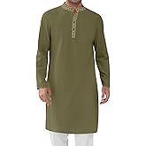 Runcati Mens Cotton Kaftan Robe Long Sleeve Button Down Henley Shirts Thobe Casual Side Split Gown Shirt