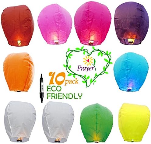 FUN Entertainments 10-Pack ECO Chinese Flying Colour Sky Lanterns Fully Assembled And Fuel Cell Attached Is 100% Biodegradable+Marker pen, Environmentally Friendly!