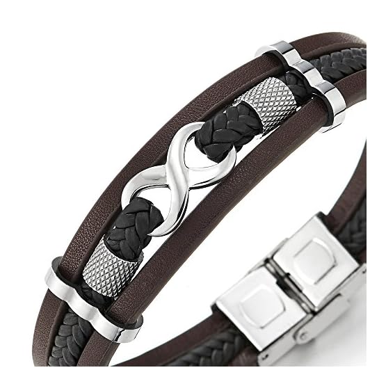 COOLSTEELANDBEYOND Tres Filas Amor Infinito Número 8 Entretejido Marrón Negro Trenzado Cuero Pulsera Brazalete de Hombre… - Imagen 3