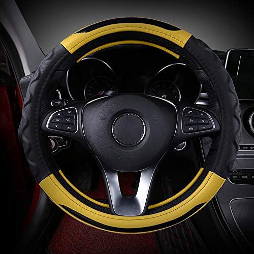 Btxxyjp レザーパンチ 車 ステアリング ホイールセット ファッション スポーツ ハンドル 直径38cm 開催中 ブラックイエローカラーマッチング 滑り止め
