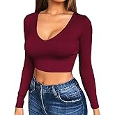 Artfish Women's Long Sleeve Scoop V Neck Crop Top