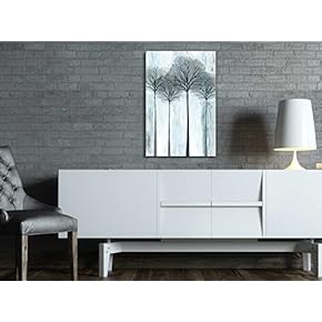 Tall Trees with Branches and Leaves Over Blue and Silver Textured Stripes - Canvas Art Home Art - 12x18 inches