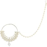 I Jewels Bollywood Gold Plated Ethnic Bridal Nose Ring/Nath Without Piercing with Pearl Chain Encased with Pearl Stone for Women/s