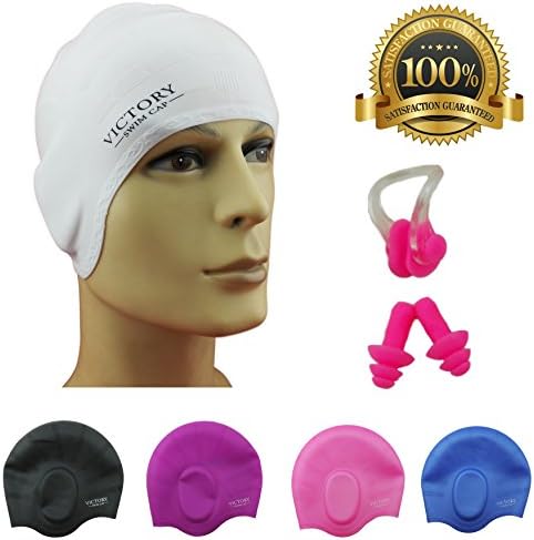 #1 Swimming Cap For Adult Men &amp; Women, Boys &amp; Girls. Specially Designed for Swimmers with Long, Thick, Curly Hair - The Best Silicone Swim Cap On Amazon – Free Nose Clip &amp; Ear Protection. (White)