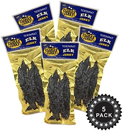 BEST Premium Natural Style Kippered Cut Thick Strips 1.75 OZ. Elk Jerky - No Preservatives - High Protein - Low Carbs - Buy Multiple Packs & Save! (Elk Teriyaki, Teriyaki 5 Pack)
