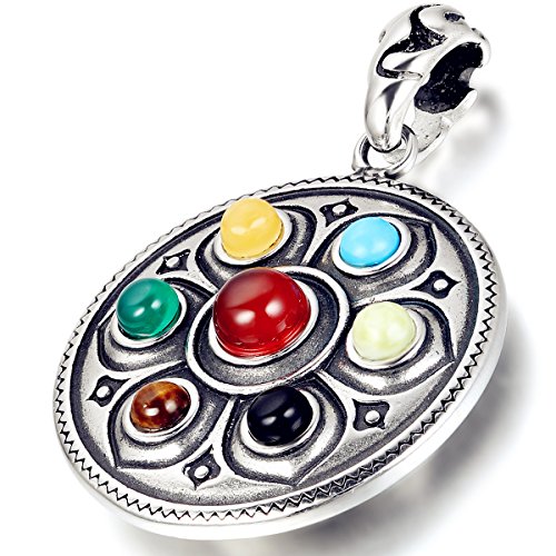 Flongo Men's Stainless Steel Vintage Om Mani Padme Hum Buddhist Lotus Compassion Pendant Necklace, 22 inch