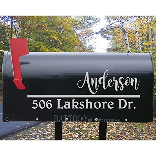 BATTOO Set of 2 Personalized Mailbox Decal Mailbox Lettering Mailbox Address Address Numbers Mailbox Sticker Wedding Gift 15" wide by 5.5" tall PLUS free hello door decal