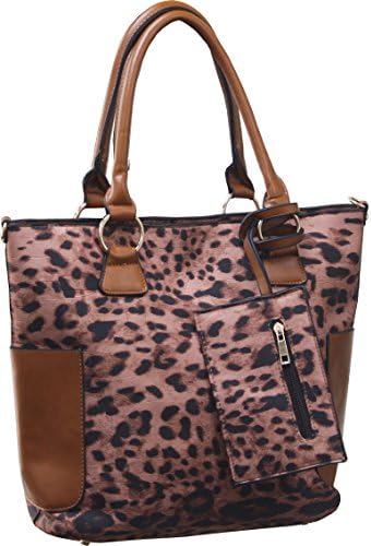 Femina Animal Print Tote Purse with Clutch (Brown)