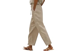 Women's Cotton Linen Pants Straight Leg Cotton Linen Pant Drawstring Elastic Waist Casual Pants Summer Beach Pant with Pocket