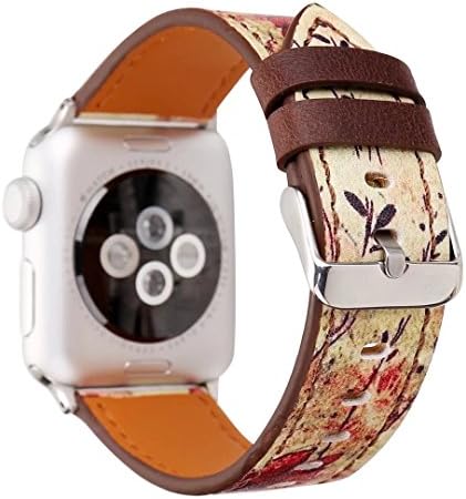 MagicFeel Retro Floral Printed Series Soft Leather Replacement Strap Wrist Watch Band Compatible for 38MM Apple Watch iwatch Series 1 Series 2 Series 3 (Retro Flower Red-38MM)