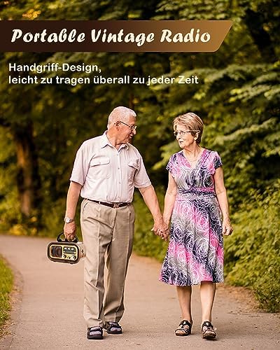 Retro Radio mit Bluetooth, AM/FM/SW Kofferradio, Tragbares Radio mit 1200mAh Akku & D-Batterien, USB/TF, Vintage Radio für Küche, Zuhause, Garten & Camping — Foto 2 von 7