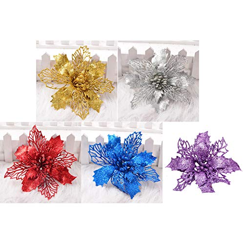 MeiBoAll Hollow Glitter Christmas Flowers, 6pcs Xmas Tree Flower Decorations, Christmas Wreath Making Supplies DIY Craft Artificial Flowers Poinsettia, Red - Thumbnail 5
