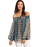 Floerns Women's Multicolor Print Off The Shoulder Split Sleeve Blouse