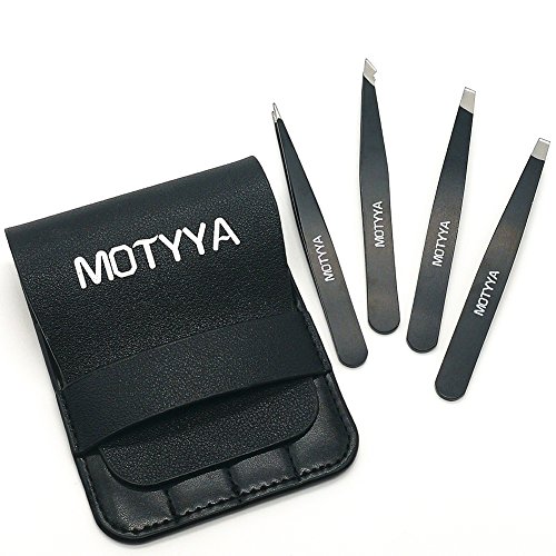 Motyya Eyebrow Tweezers Set 4-Piece Professional Stainless Steel Slant Tip and Pointed Tweezer. Best Precision for Eyebrows Plucking, Splinter Ingrown Hair Remover, Blackhead and Eyelash Extensions