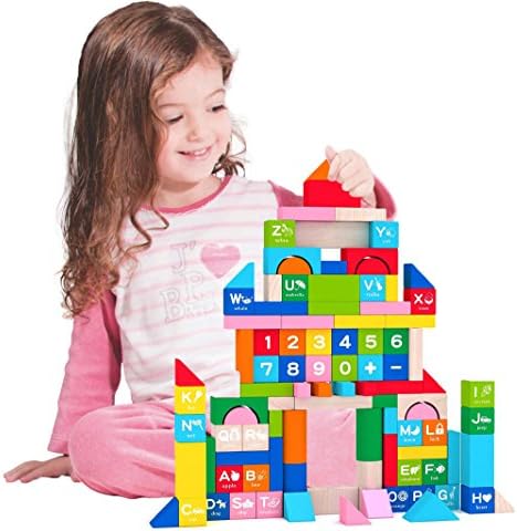 Early Education 100 Pieces Wooden Stacking Building Blocks Shape Color Sort Alphabet Number Wood Blocks Educational Toy Set in 8 Colors (Storage Bucket with special shape sorting top Included)