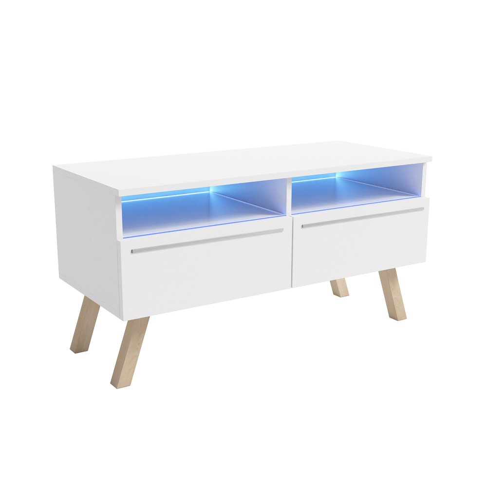 Table Basse TV 100 cm, Blanc Mat / Effet Chêne de Sonoma avec pieds en bois de hêtre et la LED