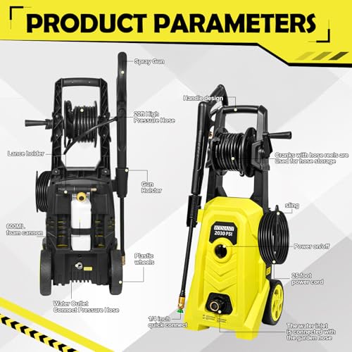 4500 Max PSI 1.76 GPM 14.5-Amp Electric High Pressure Washer 1800W for Cars Fences Driveways Patios with 4 Interchangeable Nozzles, Foam Cannon and Hose Reel, Yellow