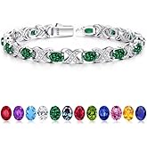 Iefil Tennis Bracelets for Women, Oval Birthstone Tennis Bracelets for Women Wife Unique X O Design Fine Jewelry Anniversary Birthday Gift 925 Sterling Silver Birthstone Jewelry for Mom Girlfriend