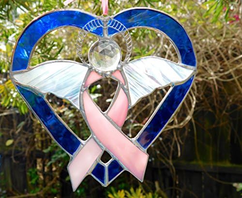 Stained Glass Breast Cancer Angel With a Filigree Nimbus In A Cobalt Blue Glass Heart, Sweet &amp; Beautiful, Custom Handmade