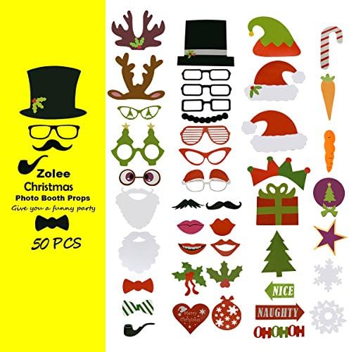 Zolee 50pcs Christmas Photo Booth Props Mustache DIY Kit – Eve Supplies Dress-up Accessories On Sticks (Christmas 50pcs)