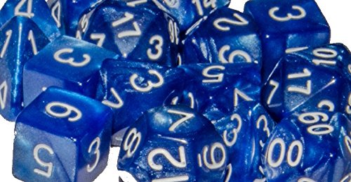 Set of 7 Large High-Visibility Polyhedral Dice: Marble Blue with White Numbers