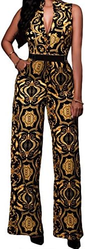 FQHOME Womens Black Yellow Tapestry Print Belted Jumpsuit Size M